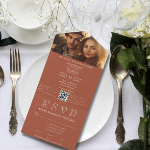 Minimalist Burnt Orange Ivory Photo QR Code Email All In One Invitation