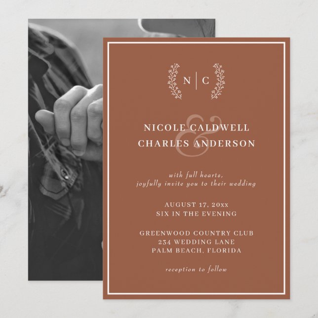 Minimalist Burnt Orange Monogram Photo Wedding Invitation (Front/Back)