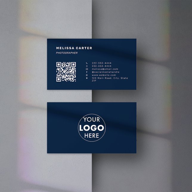 Minimalist Business Cards | QR Code & Logo | Blue (Front & back of a dark blue minimalist business card design with customisable QR Code & logo.)