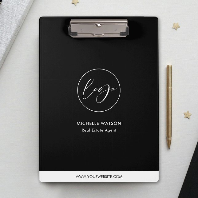 Minimalist Business Logo Black & White Promotional Clipboard (Business logo corporate black clipboard with your contact details on the back)