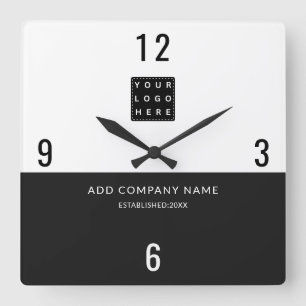 Minimalist Business Logo Company Name Black White Square Wall Clock