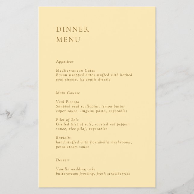 Minimalist Butter Yellow Budget Wedding Menu (Front)