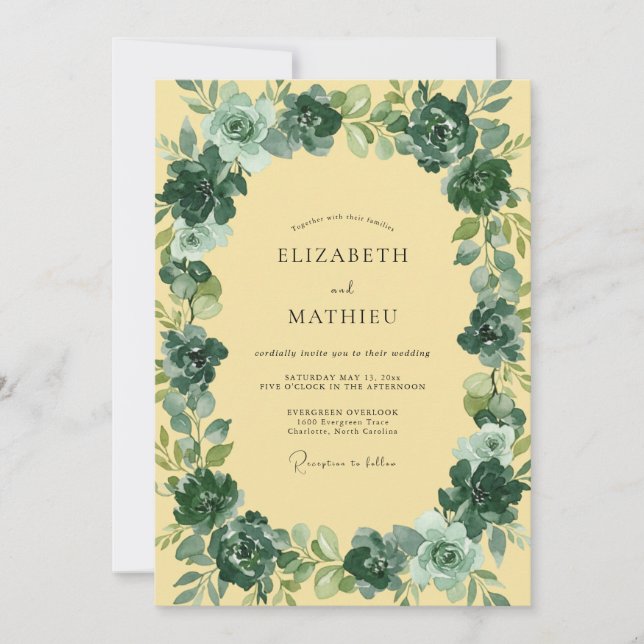 Minimalist Butter Yellow Teal Leafy Wedding Invitation (Front)