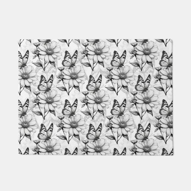 Minimalist Butterfly on Flower Pattern Design  Doormat (Front)