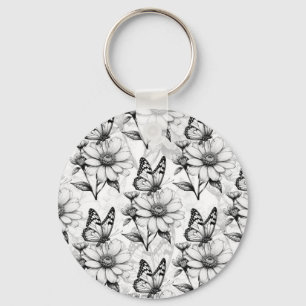 Minimalist Butterfly on Flower Pattern Design Key Ring