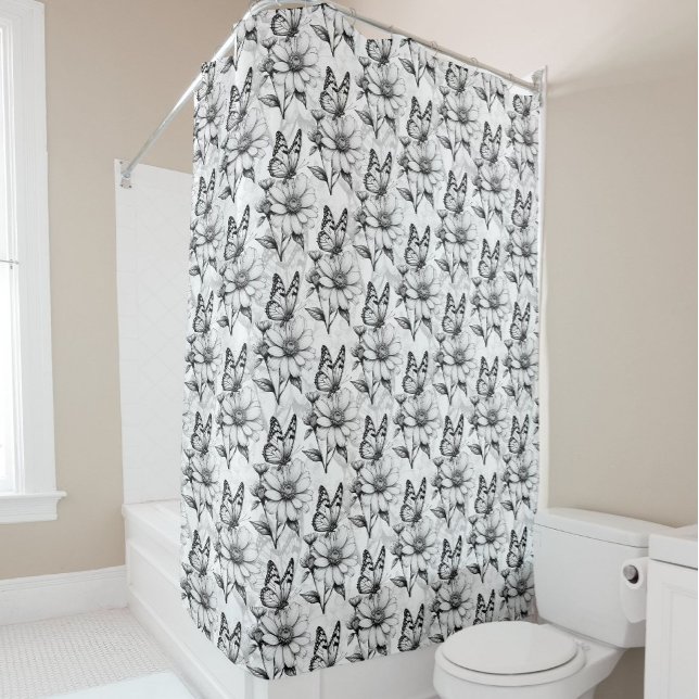 Minimalist Butterfly on Flower Pattern Design  Shower Curtain (Creator Uploaded)