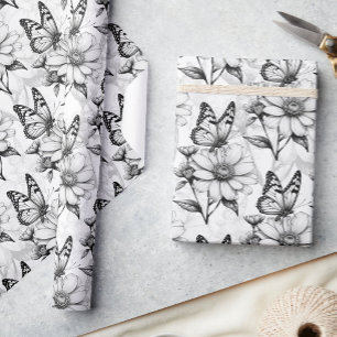 Minimalist Butterfly on Flower Pattern Design Wrapping Paper