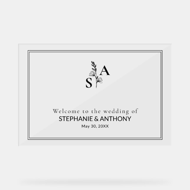 Minimalist BW Monogram Wildflower Wedding Acrylic Sign (Front)