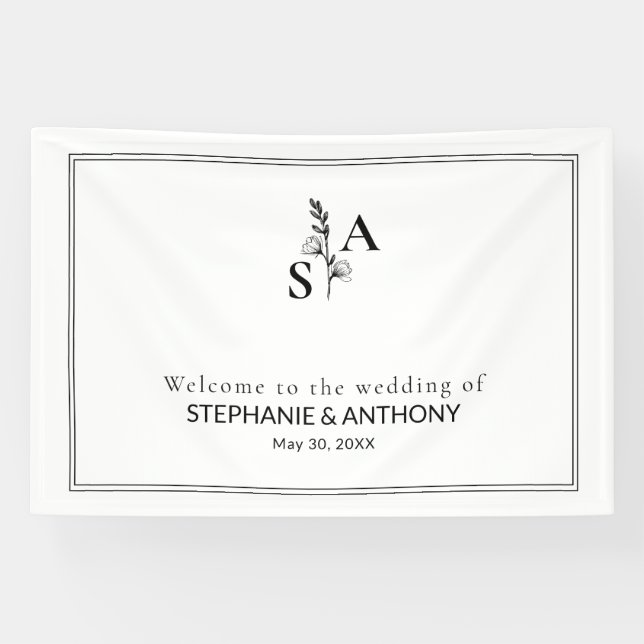 Minimalist BW Monogram Wildflower Wedding Banner (Horizontal)