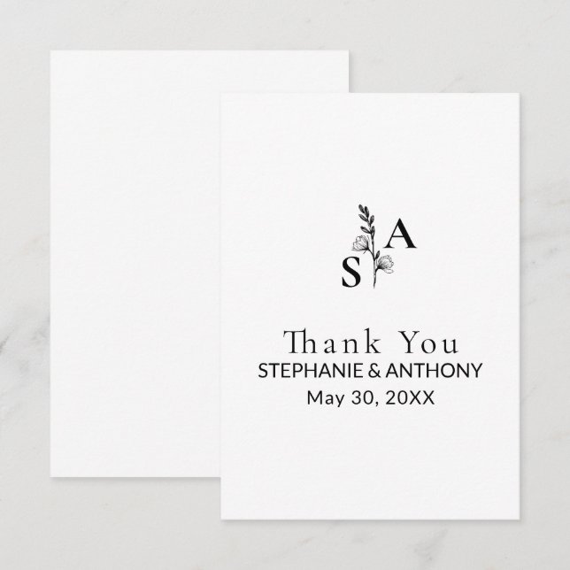 Minimalist BW Monogram Wildflower Wedding Card (Front/Back)