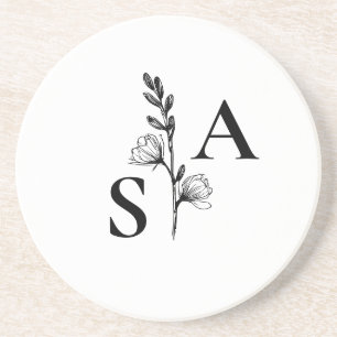 Minimalist BW Monogram Wildflower Wedding Coaster