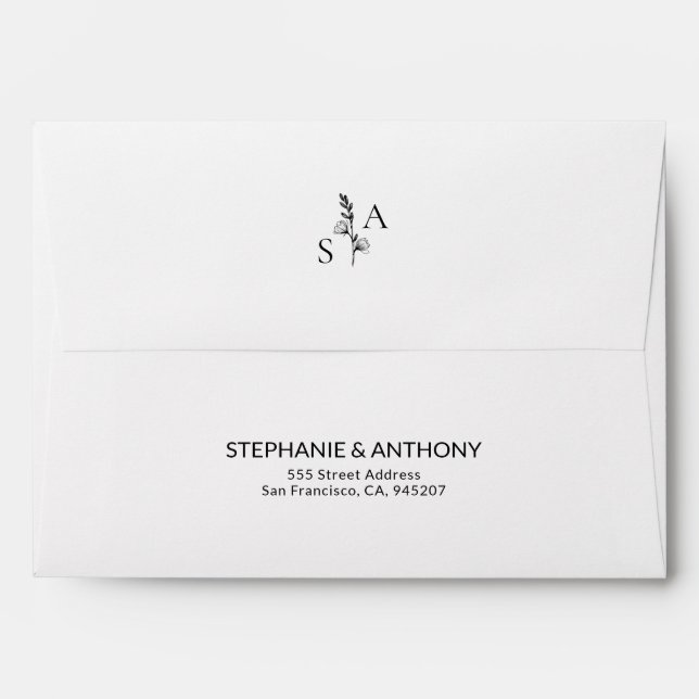 Minimalist BW Monogram Wildflower Wedding Envelope (Back (Top Flap))