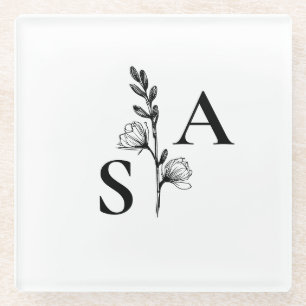 Minimalist BW Monogram Wildflower Wedding Glass Coaster