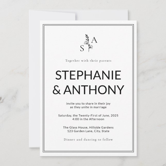 Minimalist BW Monogram Wildflower Wedding Invitation (Front)