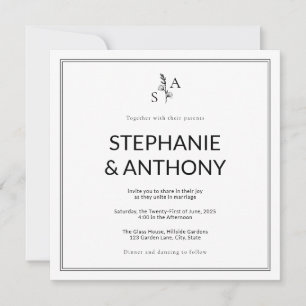 Minimalist BW Monogram Wildflower Wedding Invitation
