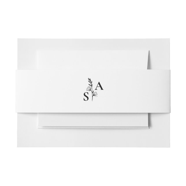 Minimalist BW Monogram Wildflower Wedding Invitation Belly Band (Front Example)