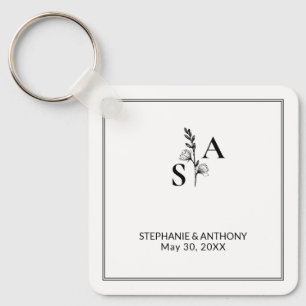 Minimalist BW Monogram Wildflower Wedding Key Ring