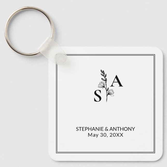 Minimalist BW Monogram Wildflower Wedding Key Ring (Front)