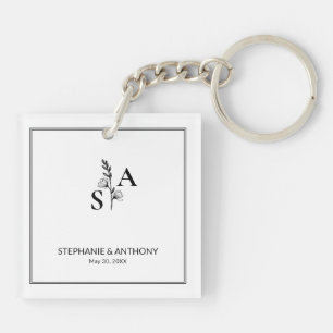 Minimalist BW Monogram Wildflower Wedding Key Ring