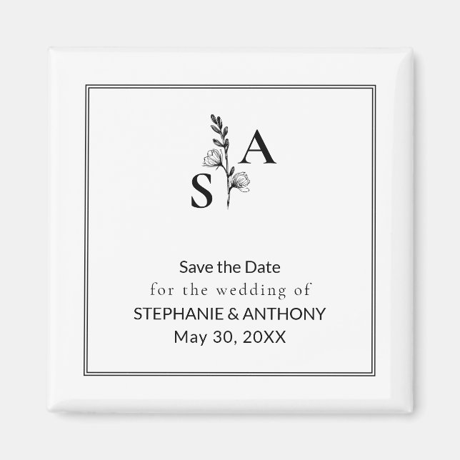 Minimalist BW Monogram Wildflower Wedding Magnet (Front)