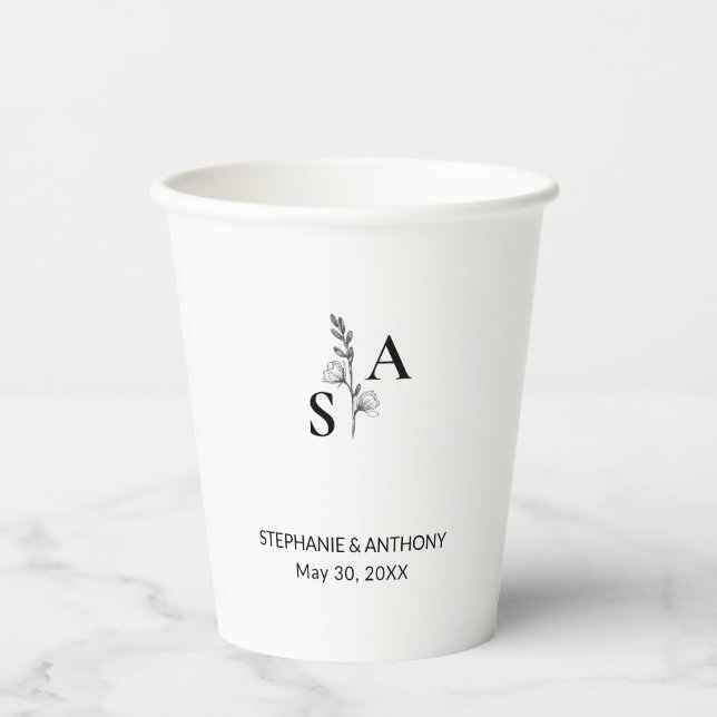 Minimalist BW Monogram Wildflower Wedding Paper Cups (Front)