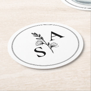 Minimalist BW Monogram Wildflower Wedding Round Paper Coaster