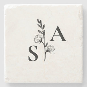 Minimalist BW Monogram Wildflower Wedding Stone Coaster