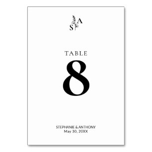 Minimalist BW Monogram Wildflower Wedding Table Number