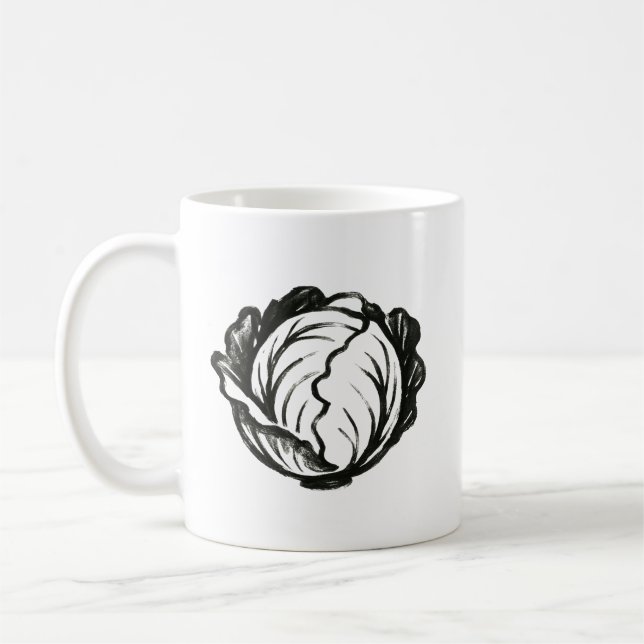 Minimalist Cabbage – Bold Ink Vegetable Design on Coffee Mug (Left)
