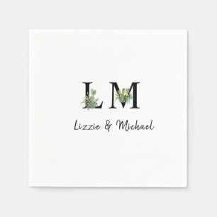 Minimalist Cactus Monogram Name White Cocktail Napkin