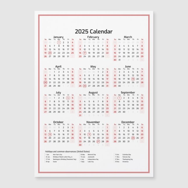 Minimalist Calendar 2025 Pink Magnetic Card (Front)