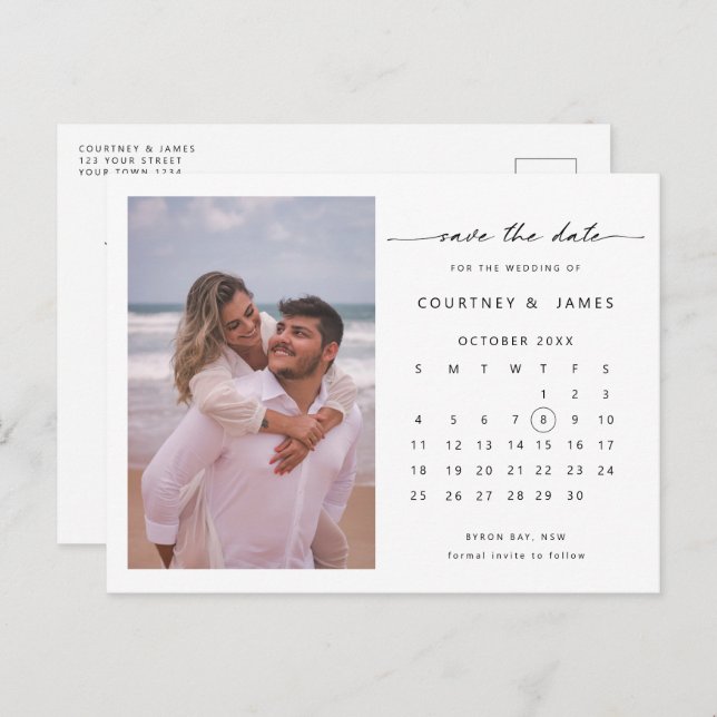Minimalist calendar photo Save the Date Invitation Postcard (Front/Back)