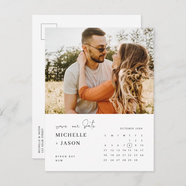 Minimalist calendar photo Save the Date Invitation Postcard (Front/Back)