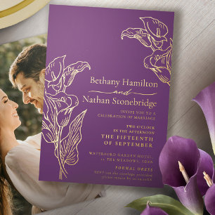 Minimalist calla lily art wedding purple gold