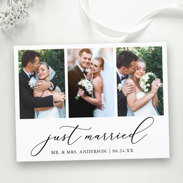 Minimalist Calligraphy 3 Photo Just Married Postcard (Customize to add text to back of card.)