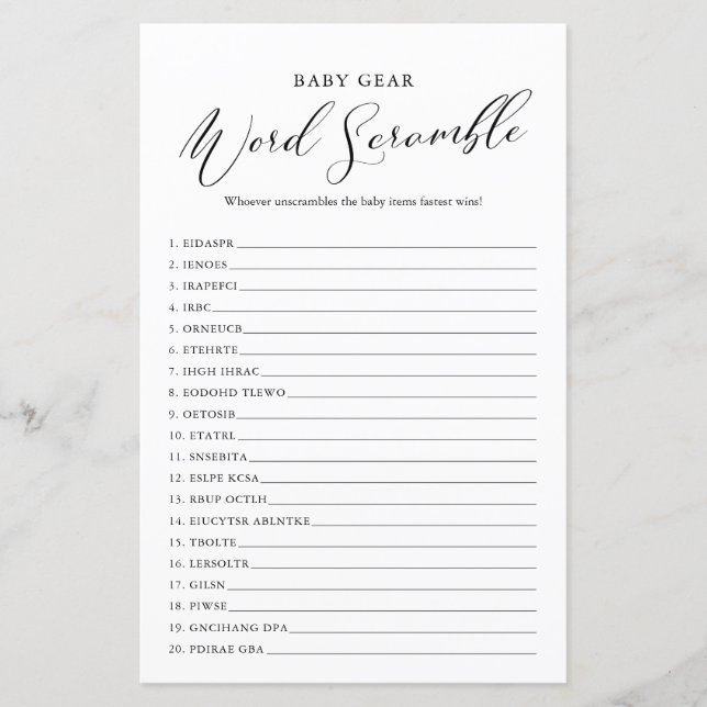 Minimalist Calligraphy Baby Shower Word Scramble (Front)