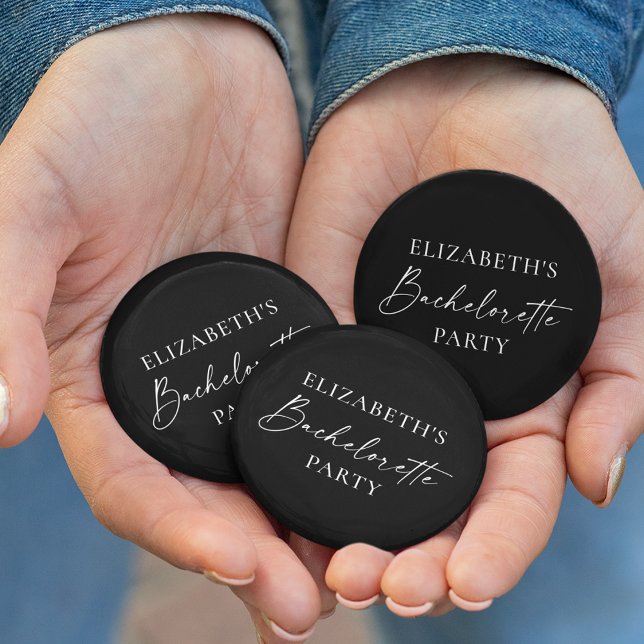 Minimalist Calligraphy Bachelorette Party Black 6 Cm Round Badge (Customize to change background color.)