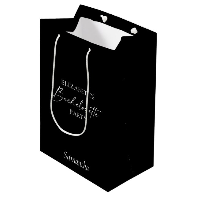 Minimalist Calligraphy Bachelorette Party Black Medium Gift Bag (Front Angled)