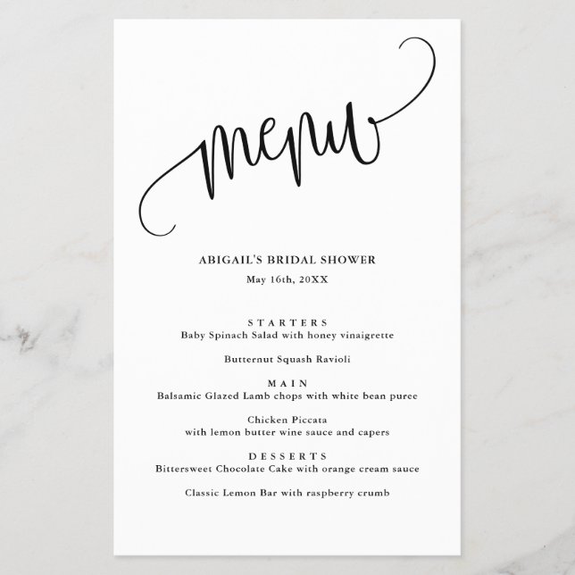 Minimalist Calligraphy Black and White Paper Menu (Front)