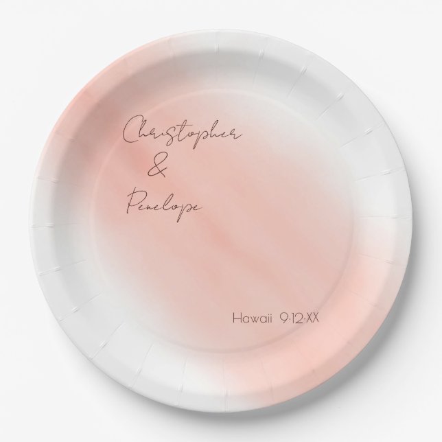 Minimalist Calligraphy Blush Watercolor Wedding Paper Plate (Front)