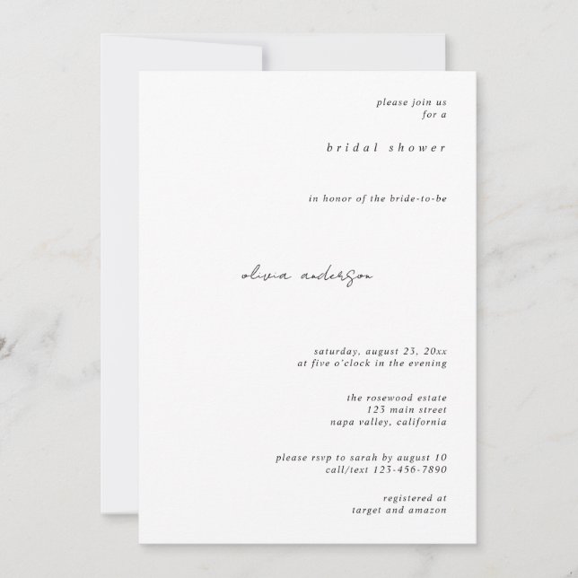 Minimalist Calligraphy Bridal Shower  Invitation (Front)