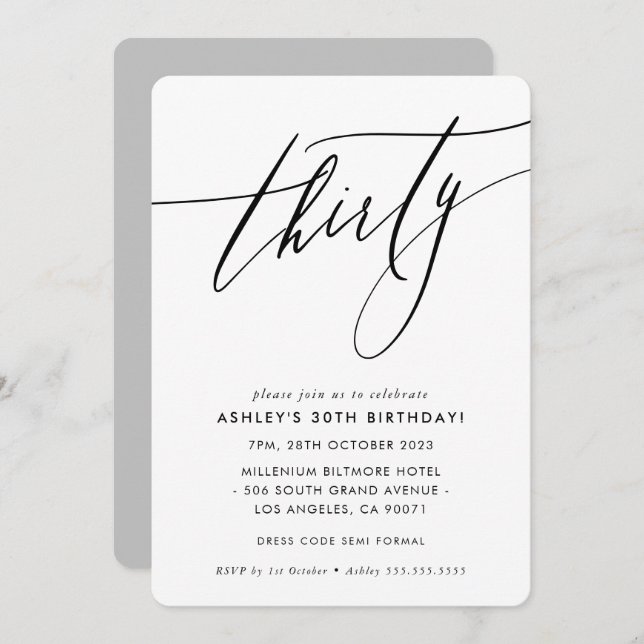 MINIMALIST Calligraphy chic 30th birthday Invitation (Front/Back)