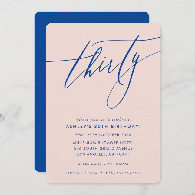 MINIMALIST Calligraphy chic 30th party blush blue Invitation (Front/Back)