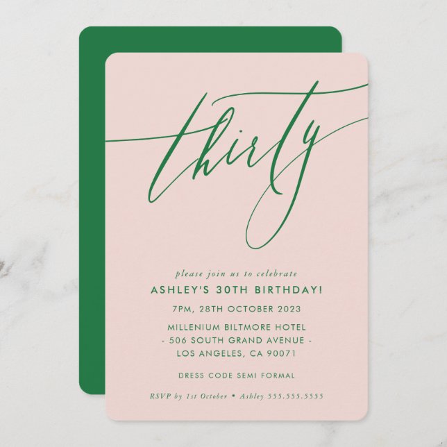 MINIMALIST Calligraphy chic 30th party blush green Invitation (Front/Back)