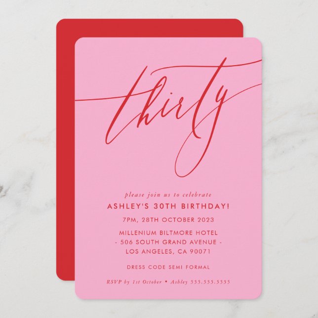 MINIMALIST Calligraphy chic 30th party pink red Invitation (Front/Back)