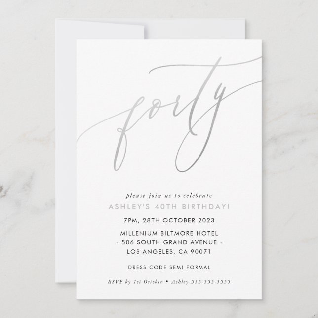 MINIMALIST Calligraphy chic 40th birthday silver Invitation (Front)