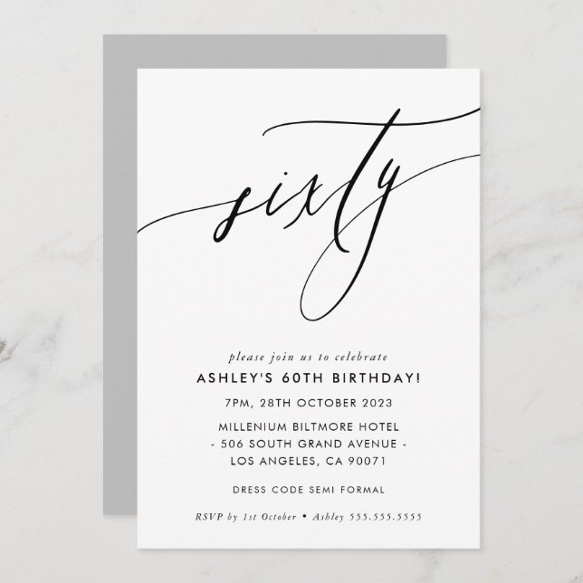 MINIMALIST Calligraphy chic 60th birthday Invitation (Front/Back)