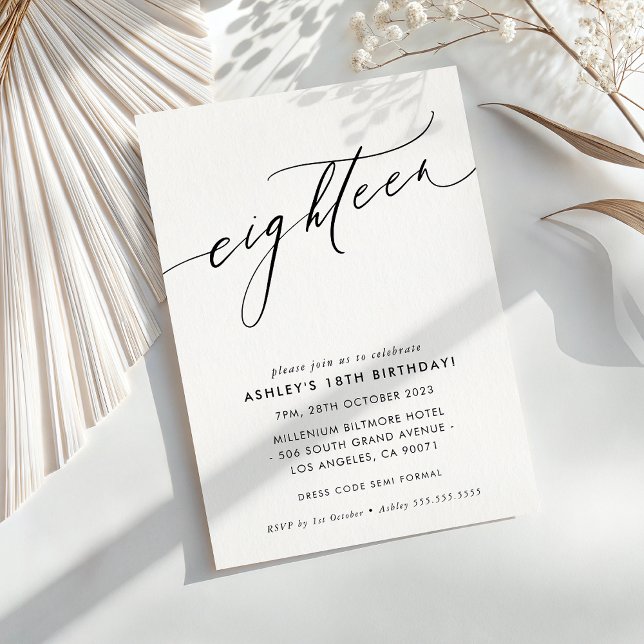 MINIMALIST Calligraphy chic stylish 18th birthday Invitation (Creator Uploaded)