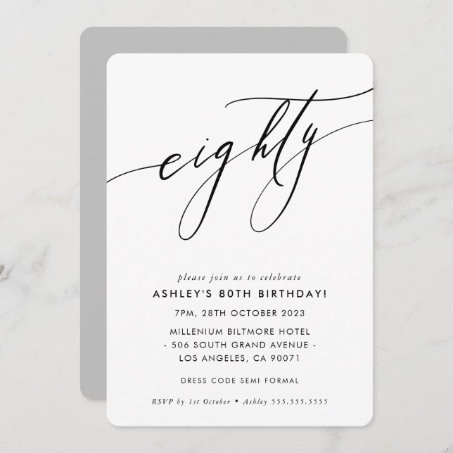 MINIMALIST Calligraphy chic stylish 80th birthday Invitation (Front/Back)