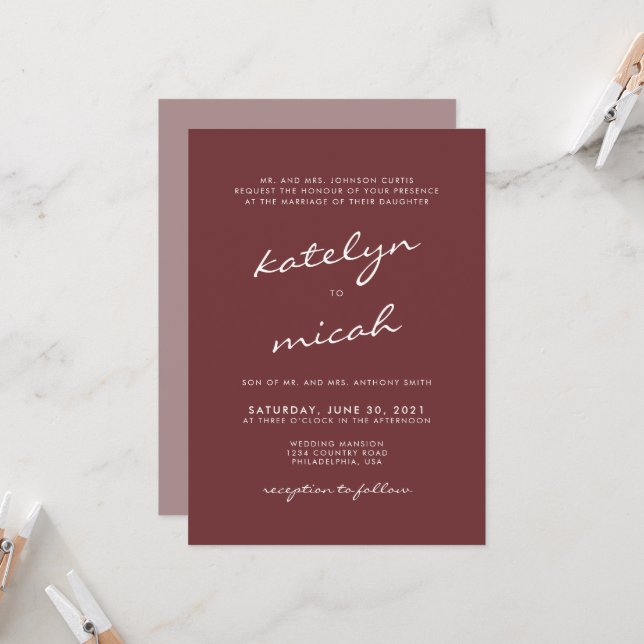 Minimalist Calligraphy Cinnamon Rose Wedding Invitation (Front/Back In Situ)